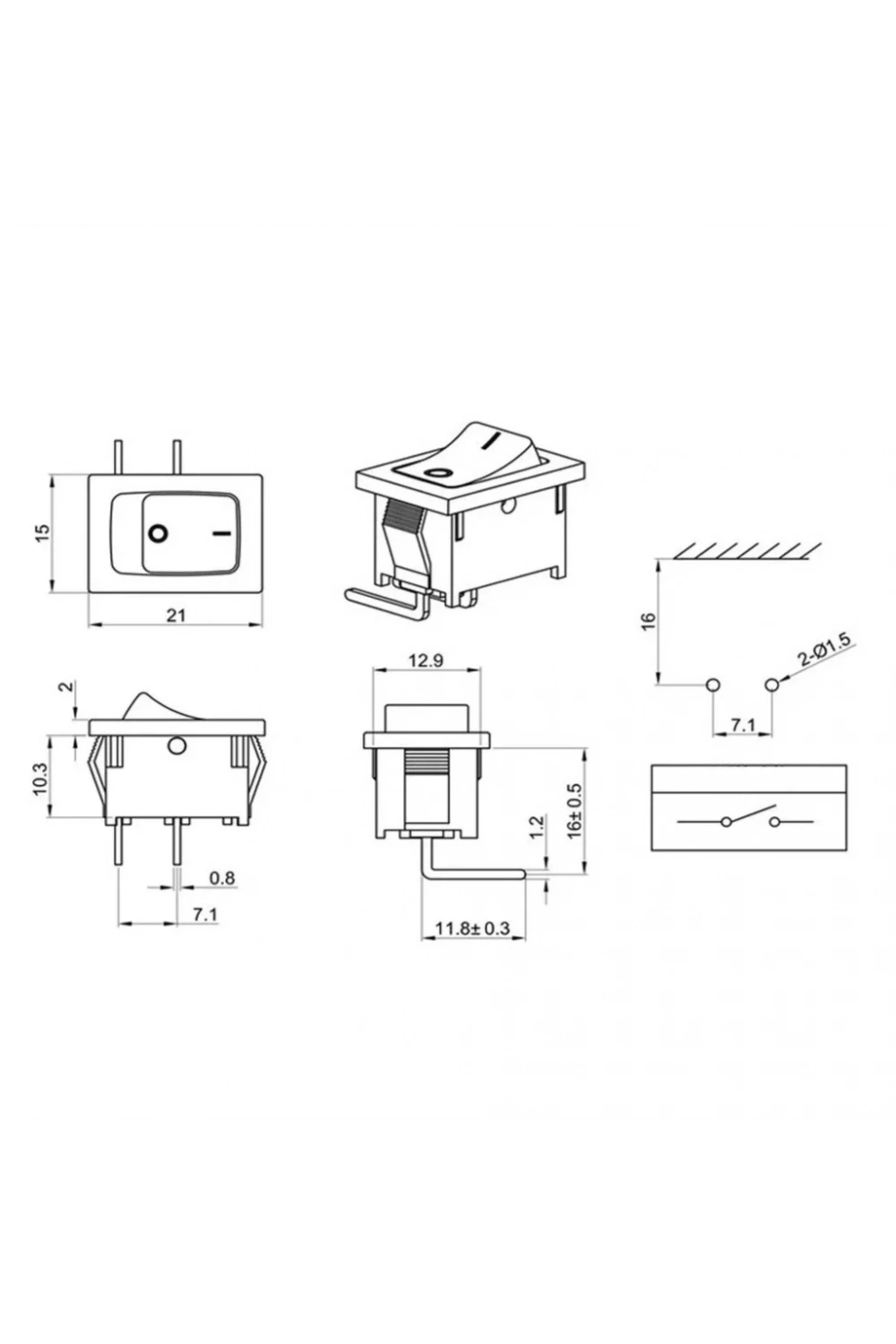 IC-120D Mini Işıksız Anahtar İğne Bacak 90 Derece ON-OFF 2P