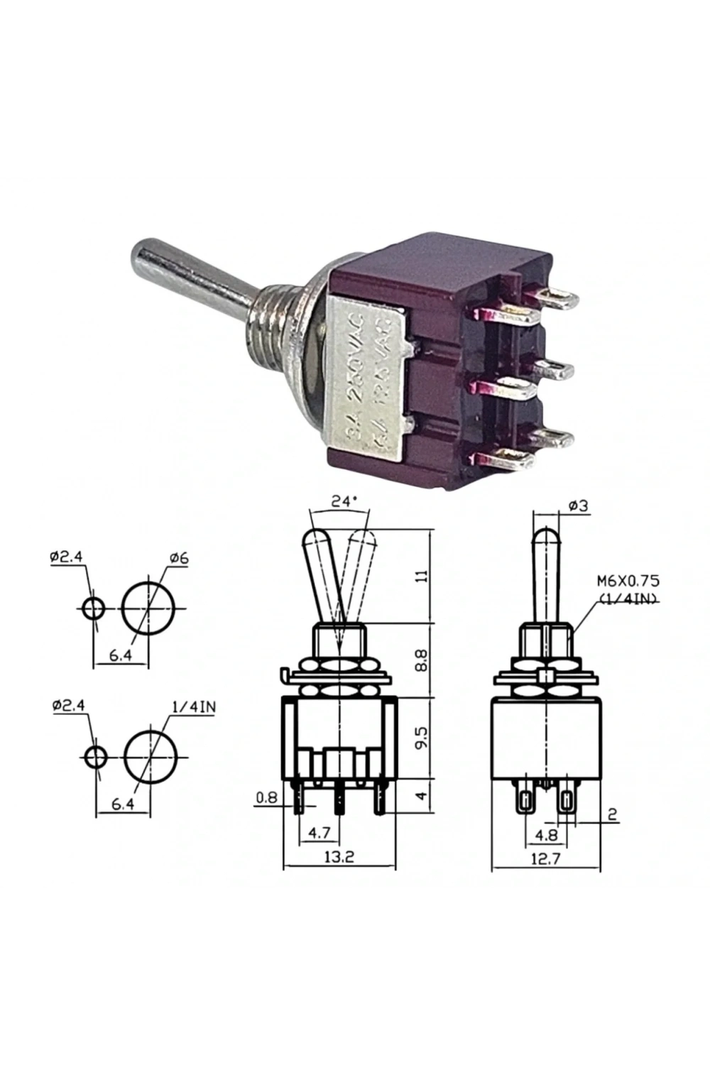 IC-144A Toggle Switch On-Off (Kaliteli) Ø6mm MTS-202