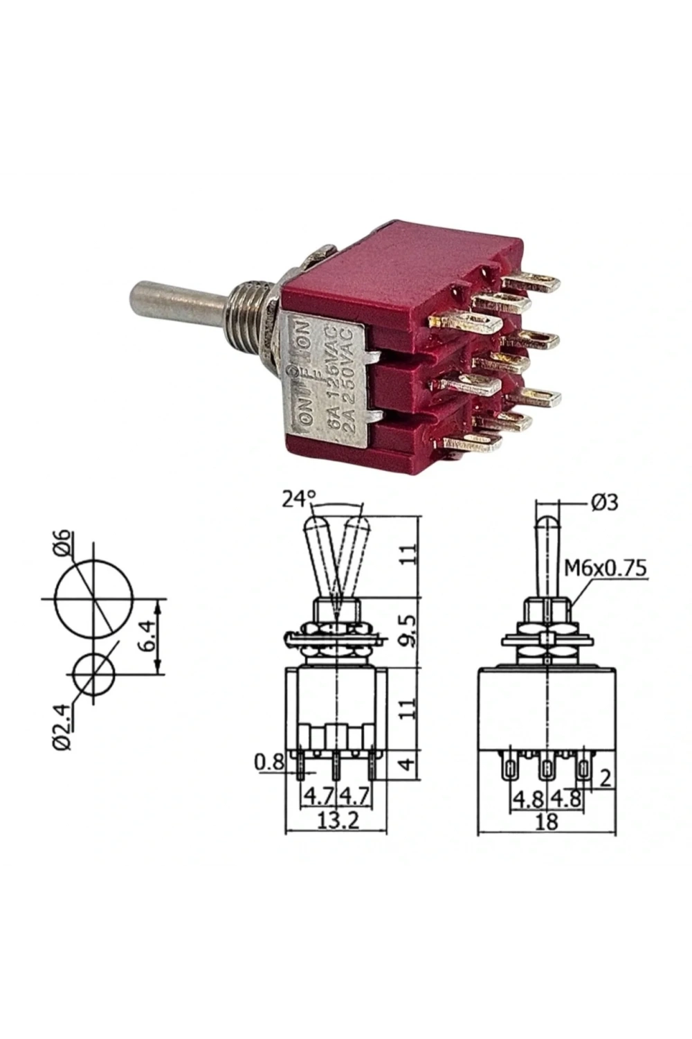 IC-148B Toggle Switch On-Off-On Ø6mm MTS-303