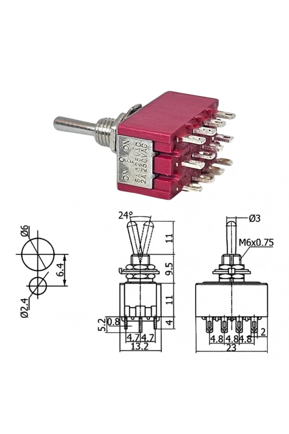 IC-148D Toggle Switch On-Off-On Ø6mm MTS-403