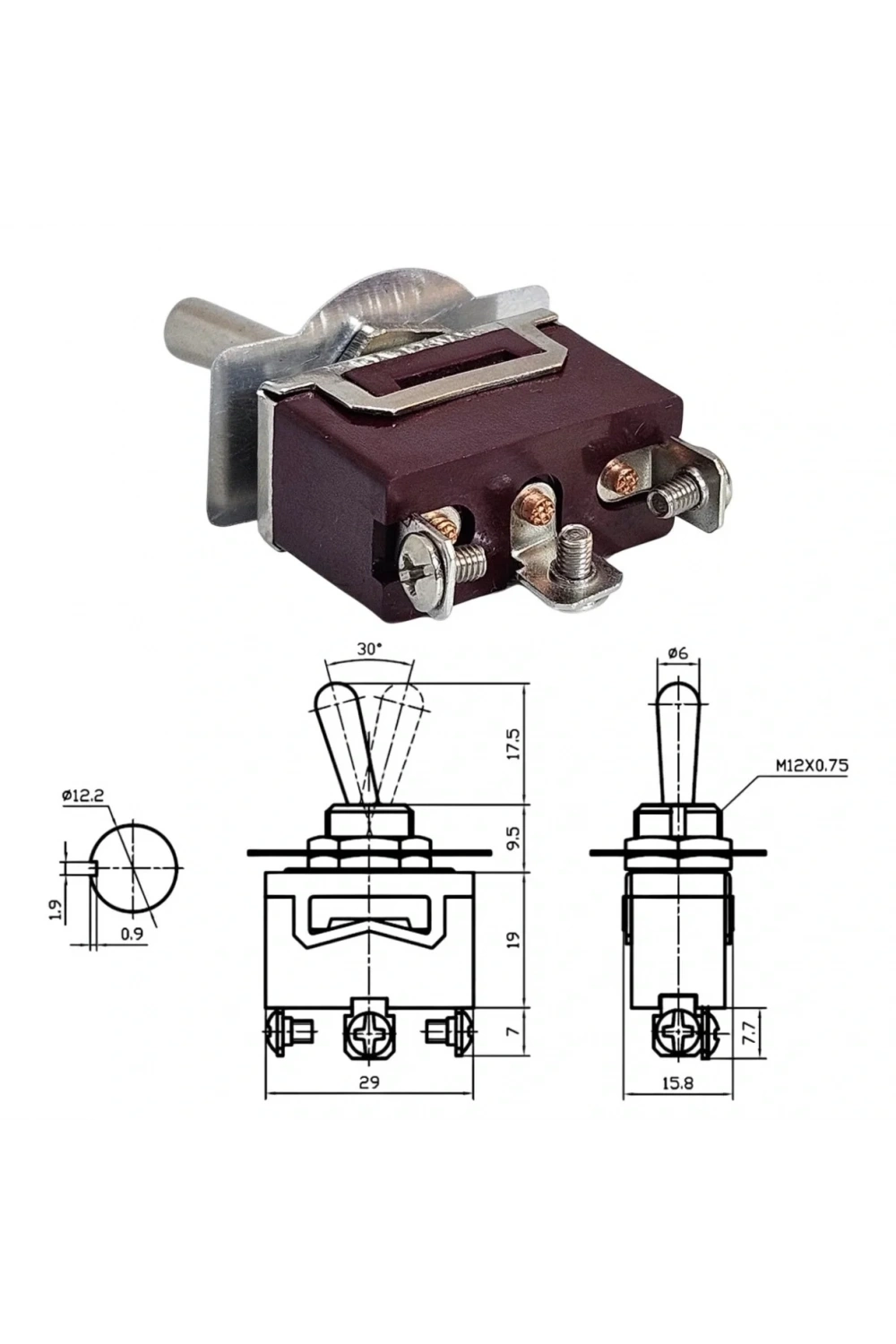 IC-154 Toggle Switch On-Off-Mom Ø12mm 3P KN3C-113
