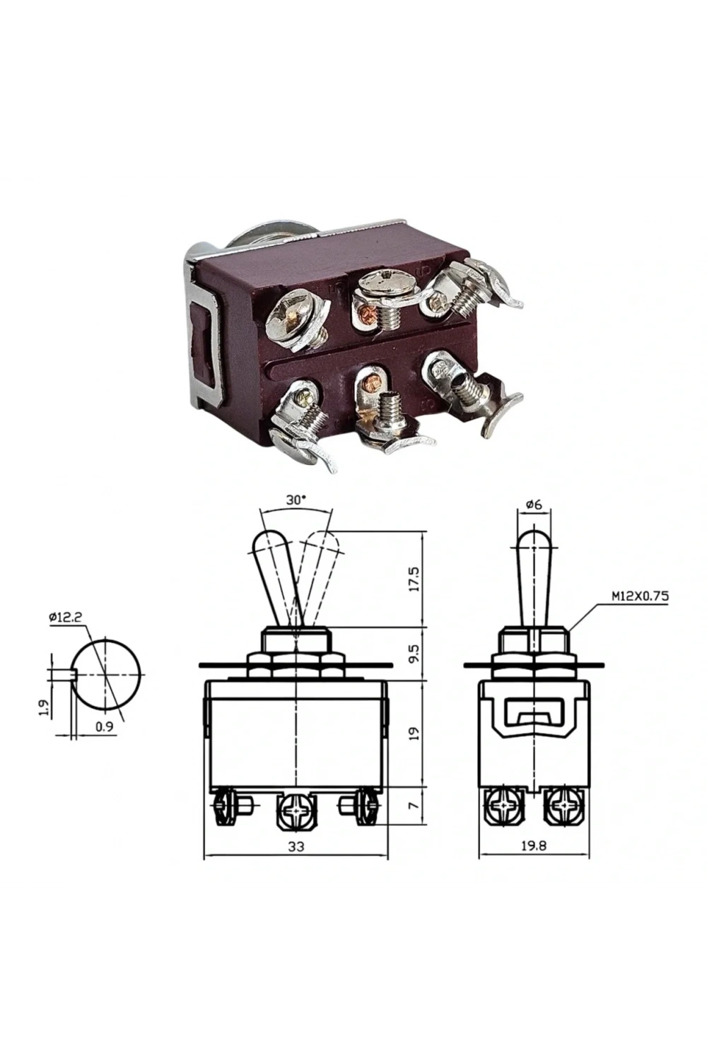IC-157 Toggle Switch On-Off Ø12mm 6P KN3C-202