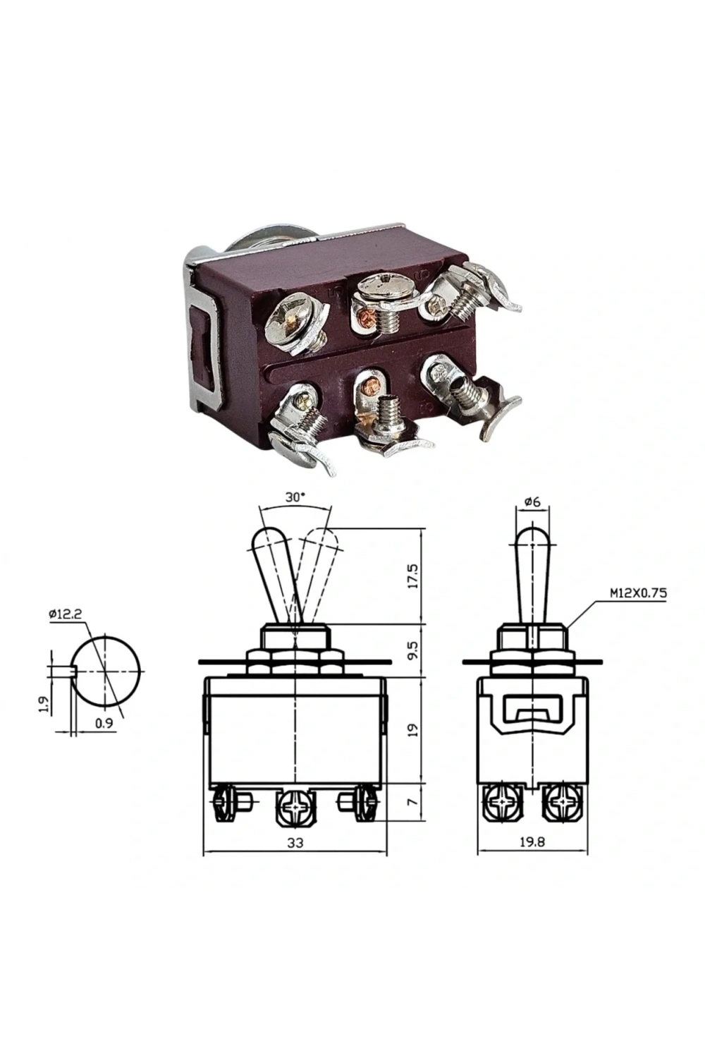 IC-158 Toggle Switch On-Off-On 6P Ø12mm KN3C-203