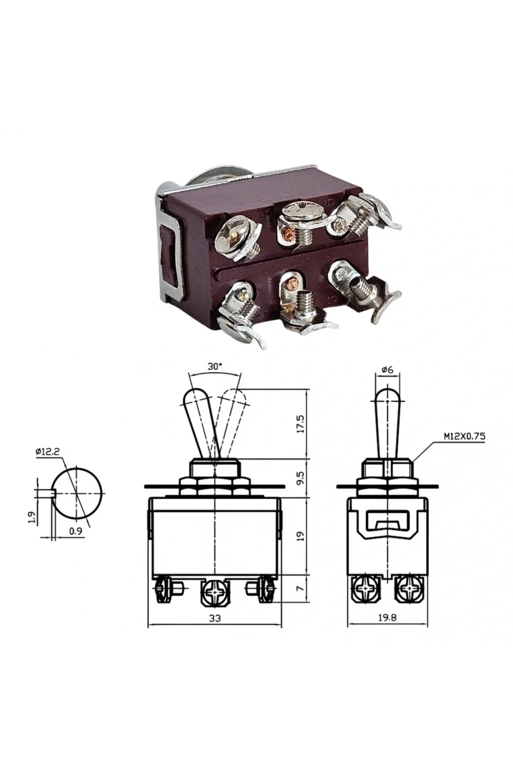 IC-160 Toggle Switch Mom-Off-Mom Ø12mm 6P KN3C-223