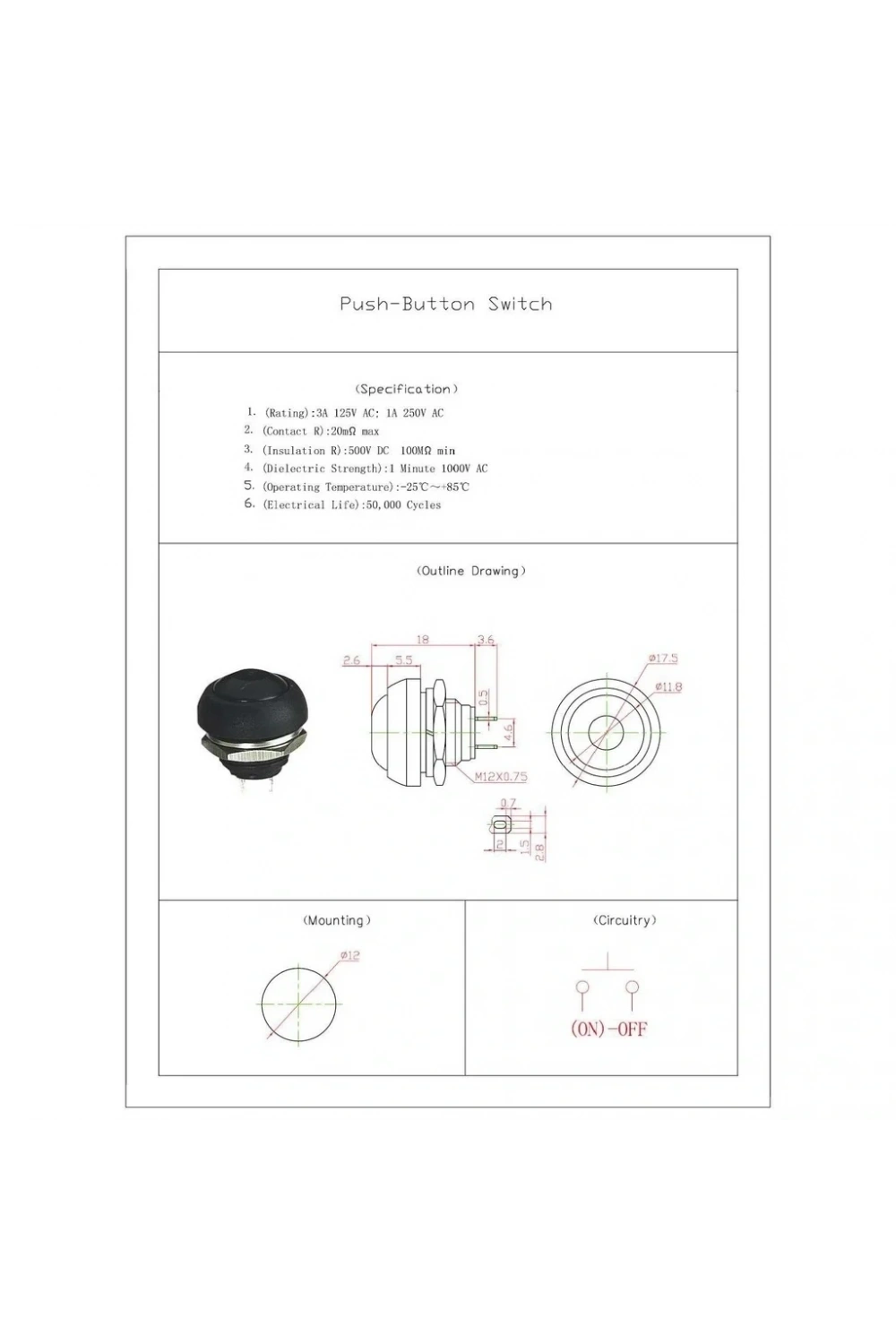 IC-184 Siyah Plastik Push Buton 12mm PBS-33B