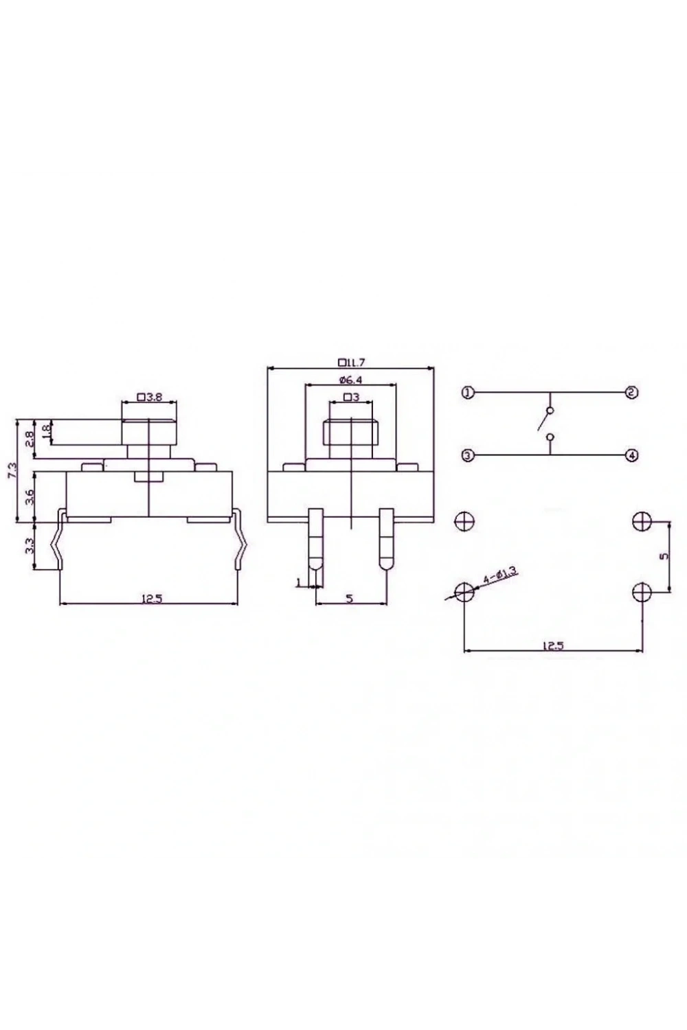 IC-204 12x12x7.3mm 4 Pinli Push Buton Tact Switch