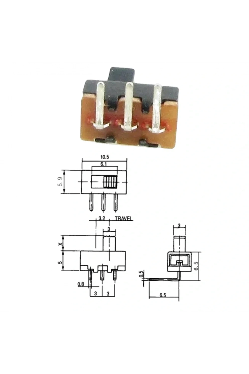 IC-206 Slide Switch On-Off 3P 90° Pcb