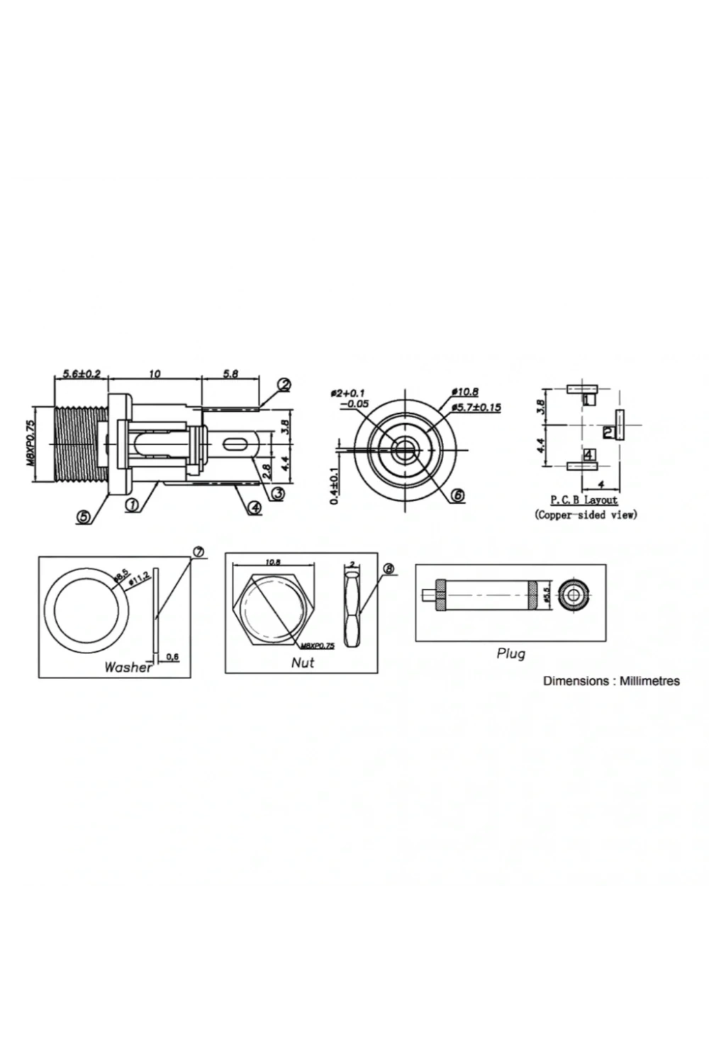 IC-258A DC Jak Üstten Somunlu 2.1mm Ø8mm