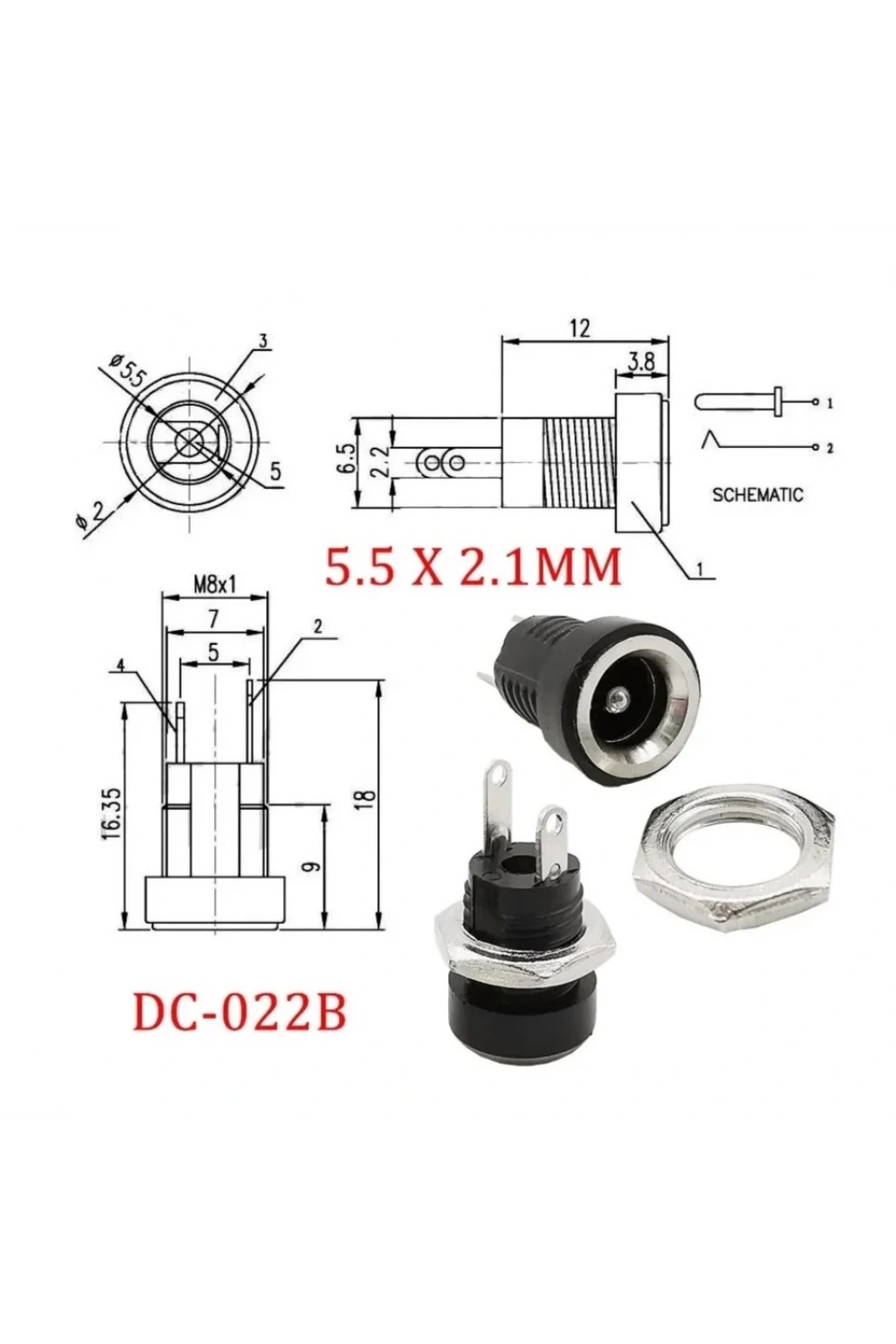 IC-258B 2.1mm DC Somunlu Korumalı Jak 8mm