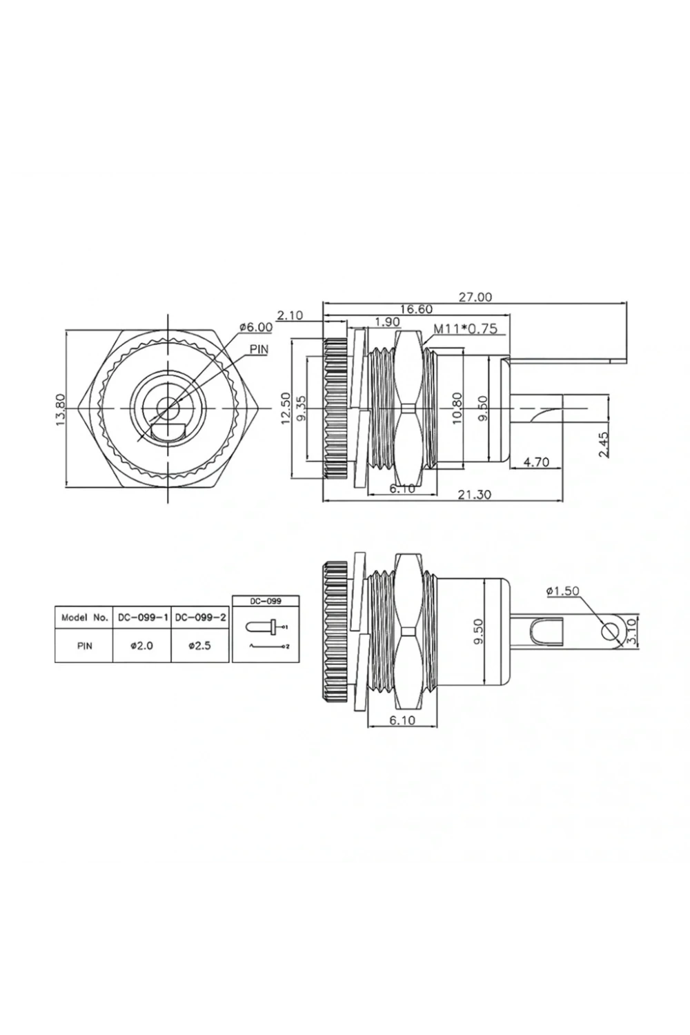 IC-258D DC Jak 2.1mm Metal Ø12mm