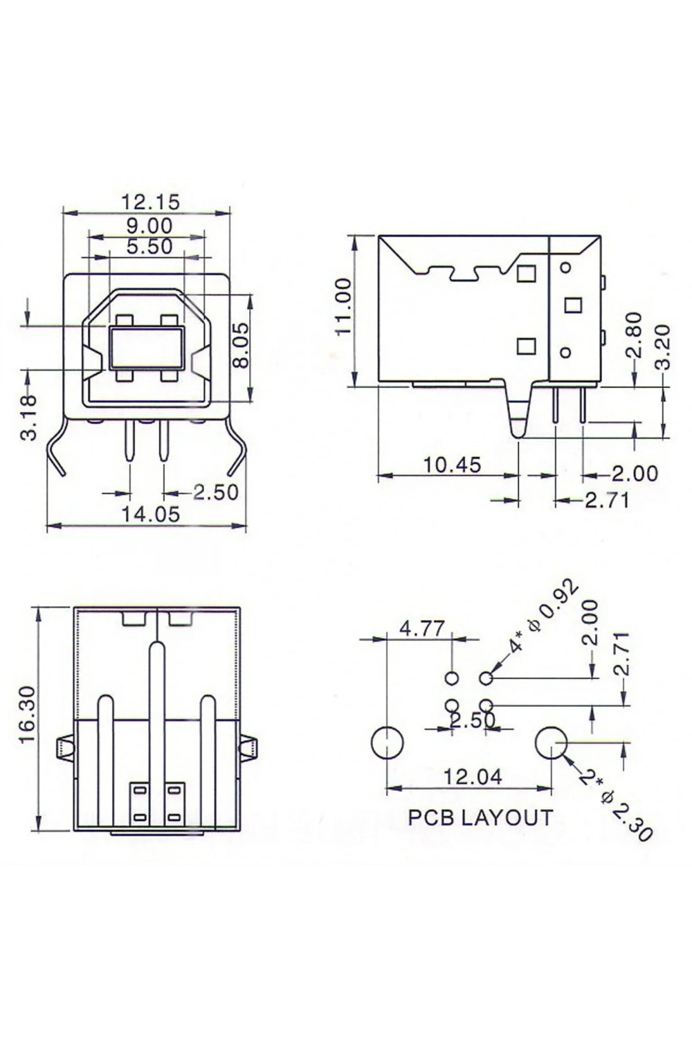 IC-262 USB 2.0 B Konnektör 90C Dişi (USB Type-B Connector)