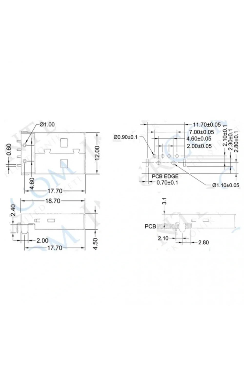 IC-264 USB Şase A Tip 90° Erkek Konnektör