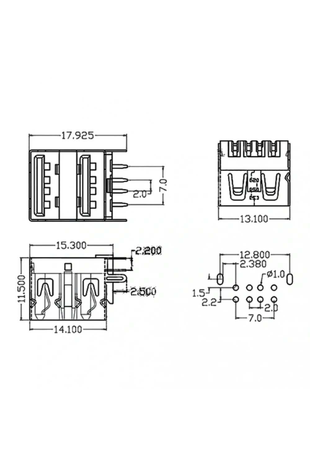 IC-265E USB İkili 2.0 Şase A Tip Dişi 90° Siyah
