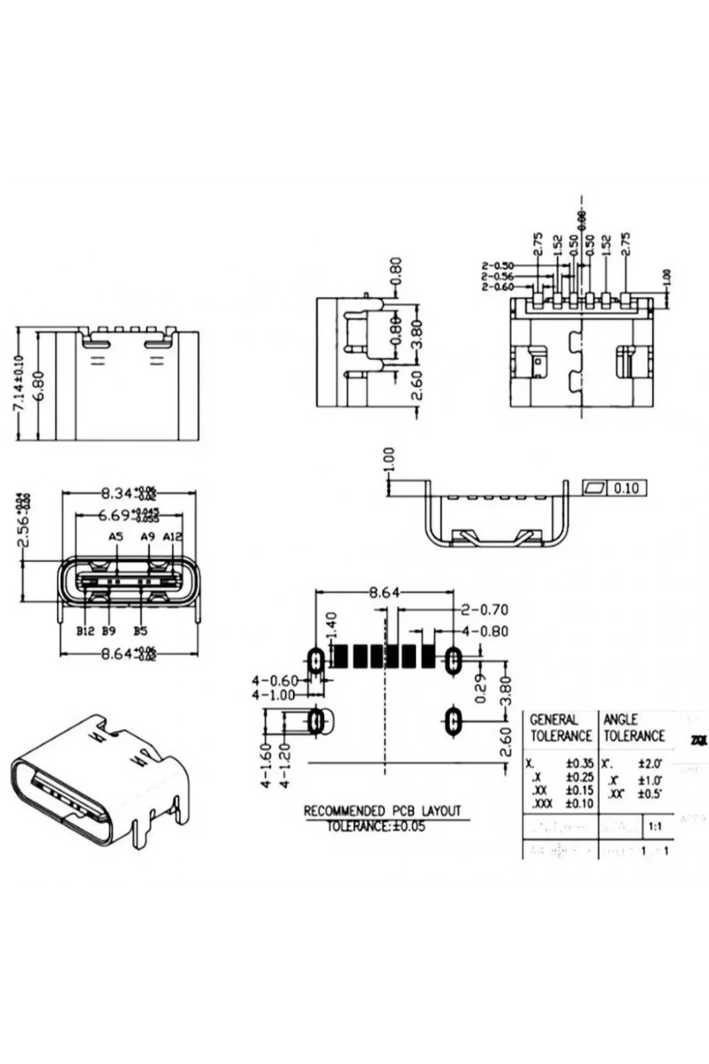 IC-266B-3 Dişi Type-C Soket USB-C Konnektör Şase 6 Pin