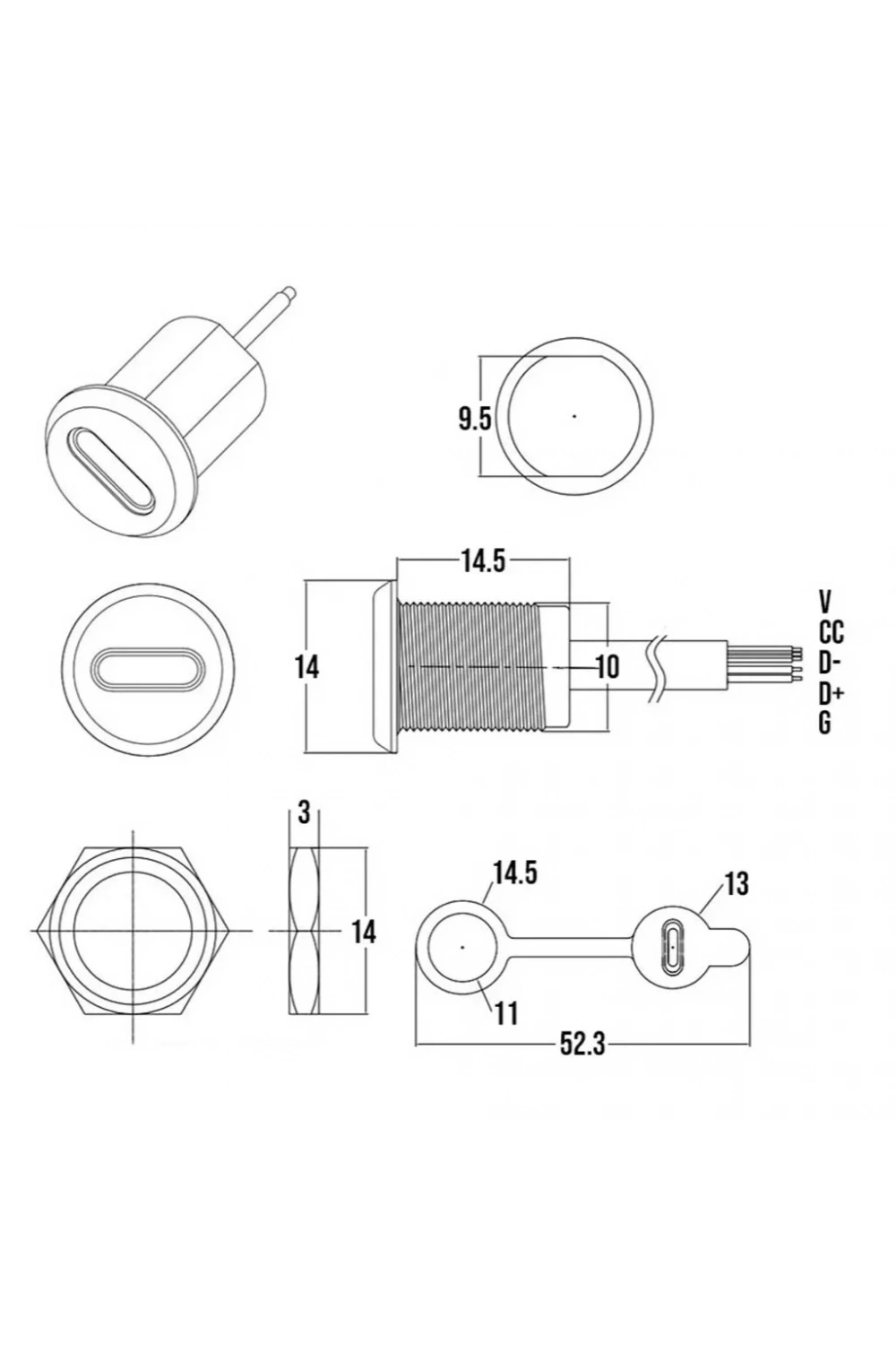 IC-266T-2 Pano Tip Type-C Şase Dişi Soket 5P ( Şarj + Data )