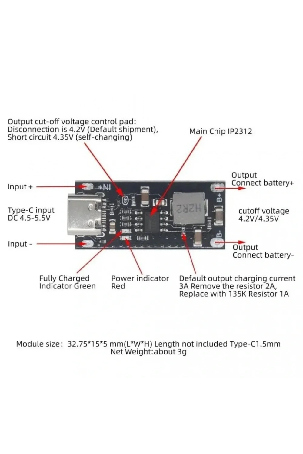 IP2312 Type-C 3A Lityum Batarya Hızlı Şarj Modülü