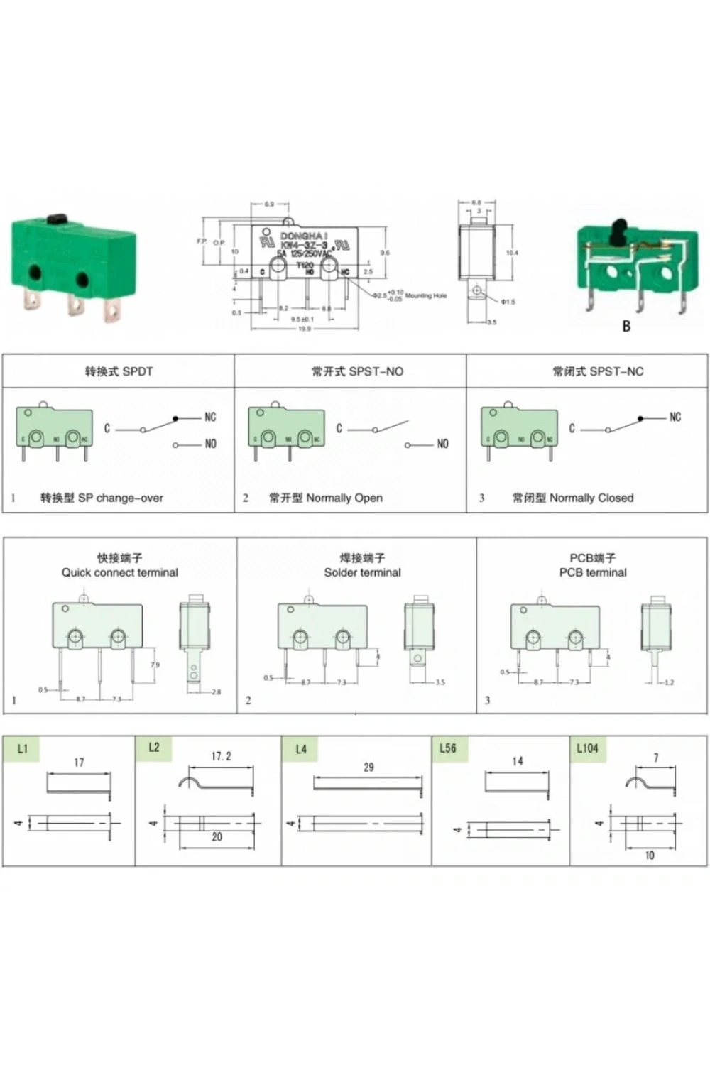 KW4-3Z-3B212023L4 SPST NO 2-Pin Micro Switch