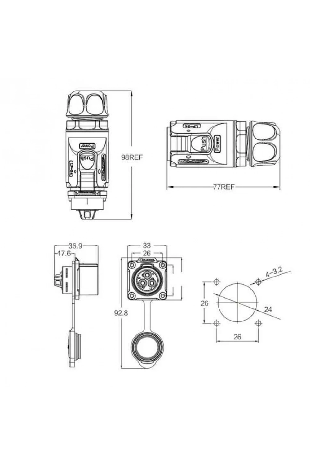 LP-24-C03PE-01-001 3-Pin Su Geçirmez Konnektör - Erkek