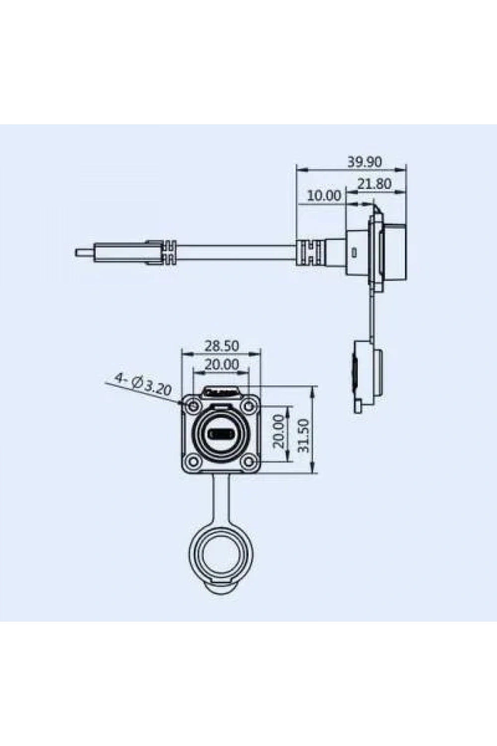 LP16-TYPEC-MP-FS-0D5M-002 Su Geçirmez Type C 3.1 Dişi Panel Tip Konnektör - 0.5M Kablo
