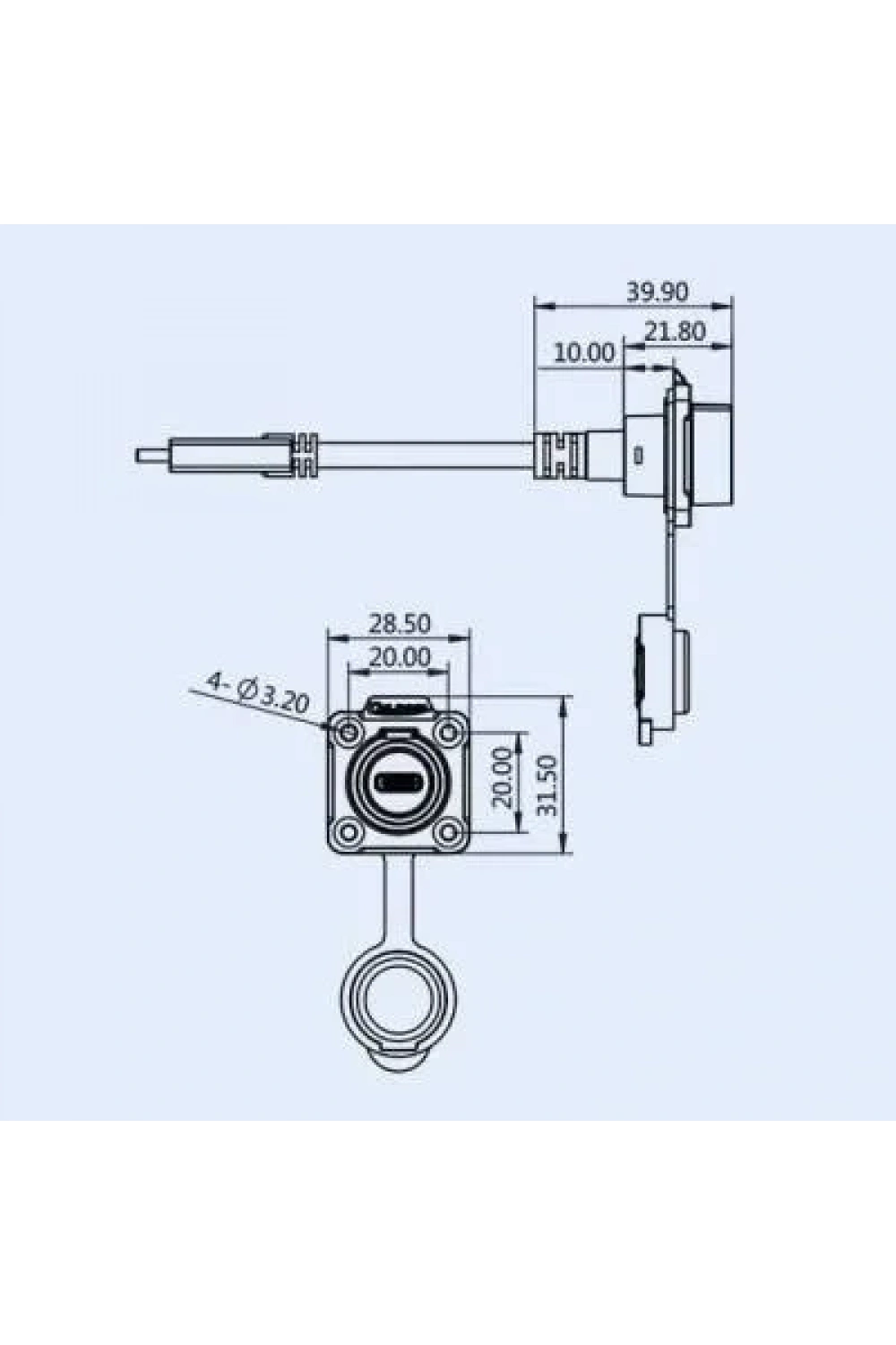 LP16-TYPEC-MP-FS-1M-002 Su Geçirmez Type C 3.1 Dişi Panel Tip Konnektör - 1M Kablo