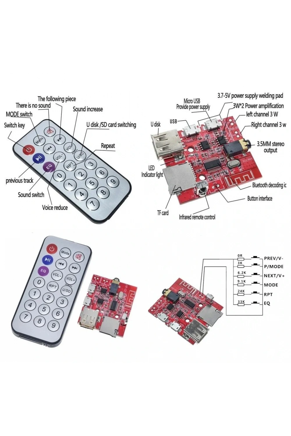 MP3 Kumandalı Bluetooth Amfi Modülü SD Kart + USB