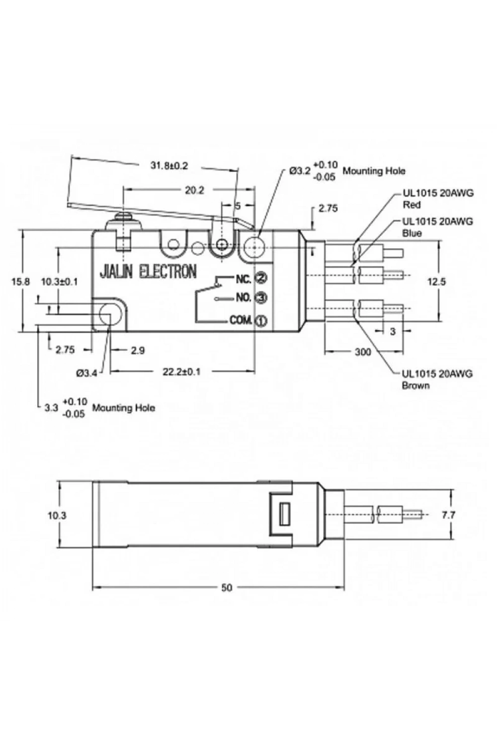 MT3-BAA300L82-GA300 SPDT NO+NC 3-Pin Su Geçirmez Kablolu Micro Switch