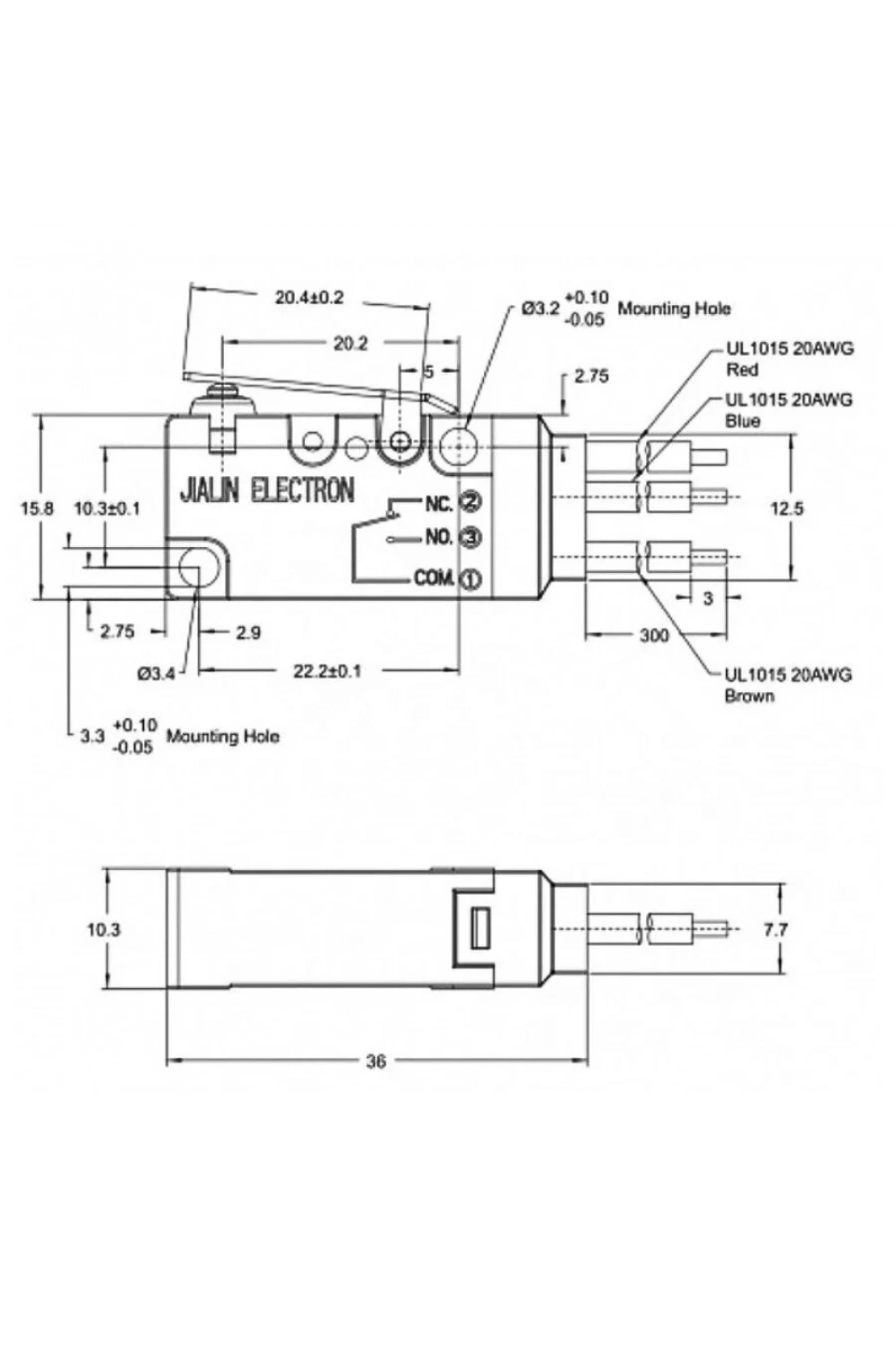 MT3-BAA300L84-GA300 SPDT NO+NC 3-Pin Su Geçirmez Kablolu Micro Switch