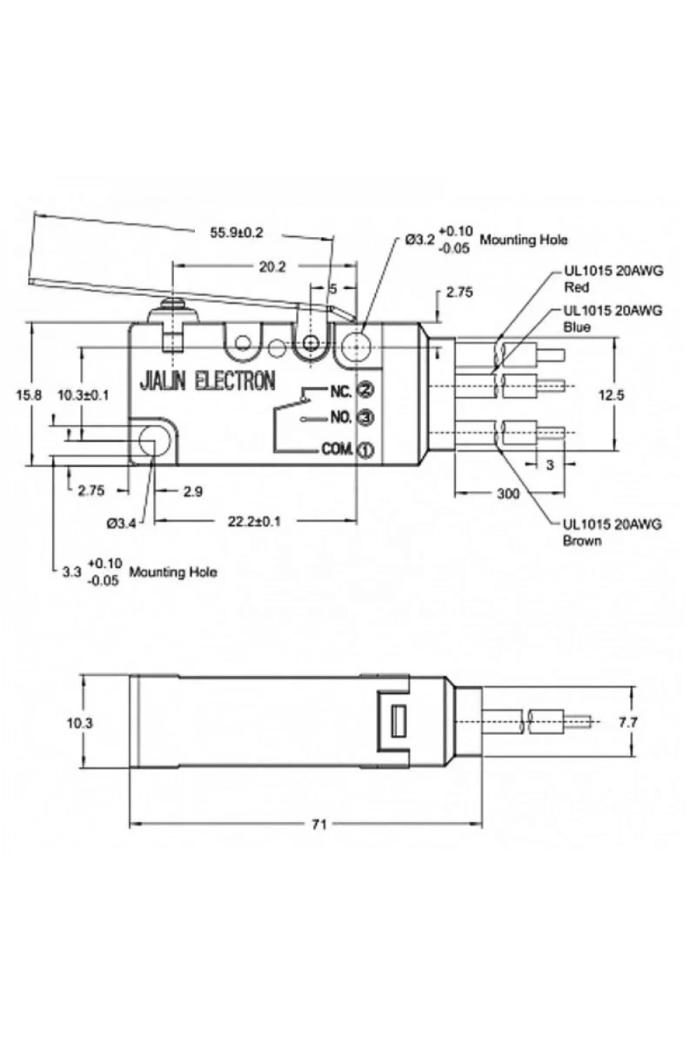 MT3-BAA300L88-GA300 SPDT NO+NC 3-Pin Su Geçirmez Kablolu Micro Switch