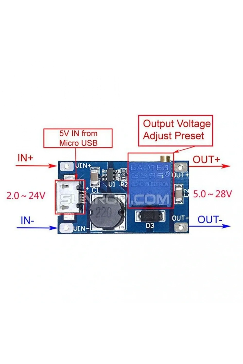 MT3608 2A Dc-Dc Güç Modülü Micro USB Çıkışlı