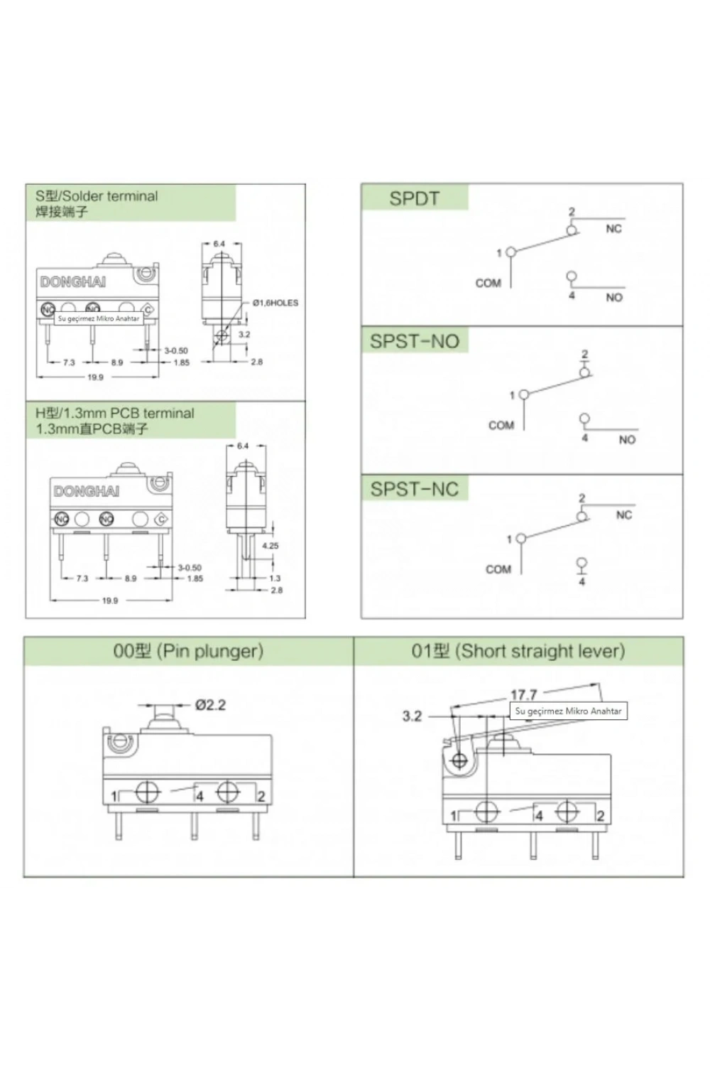 MT8-S00D300A06 SPDT NO+NC 3-Pin Toz Geçirmez Micro Switch