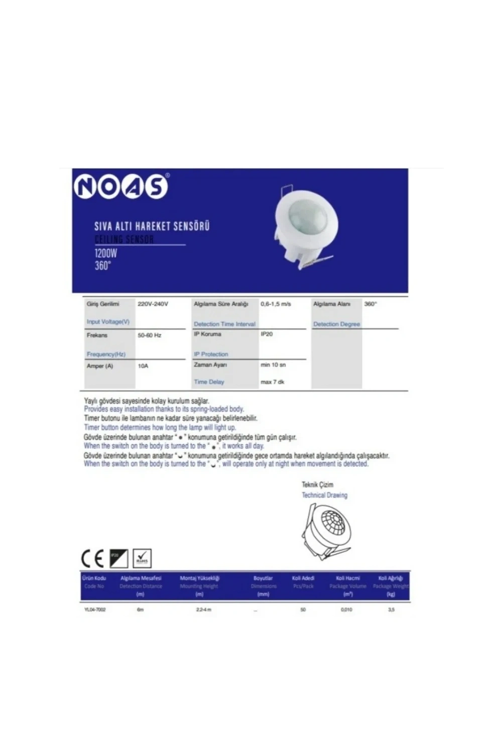 Noas YL04-7002 Sıva Altı Hareket Sensörü 360°