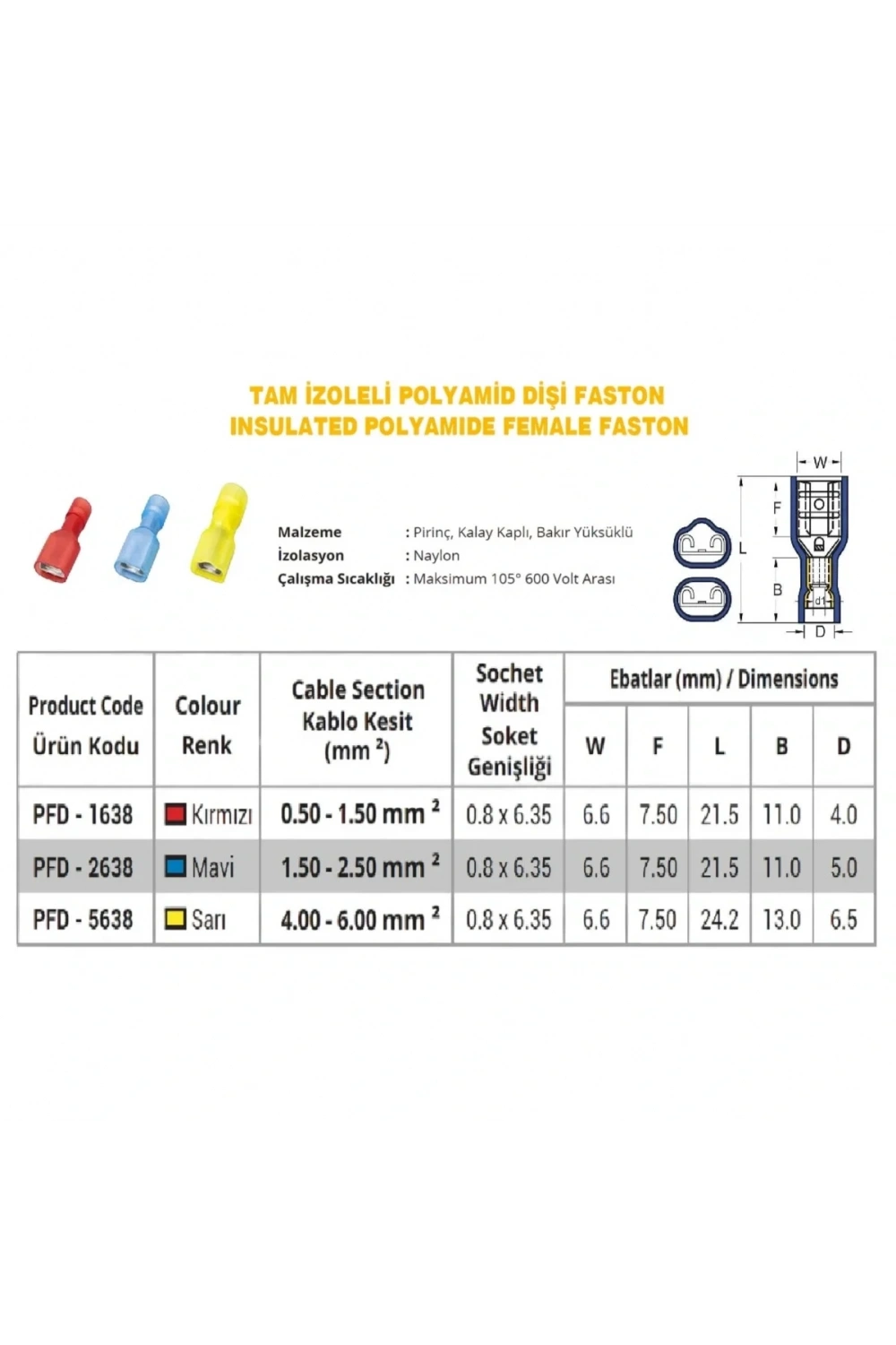 PFD - 5638 4.0-6.0mm2 Tam İzoleli Polyamid Dişi Faston Kablo Ucu Sarı - 100 Adet