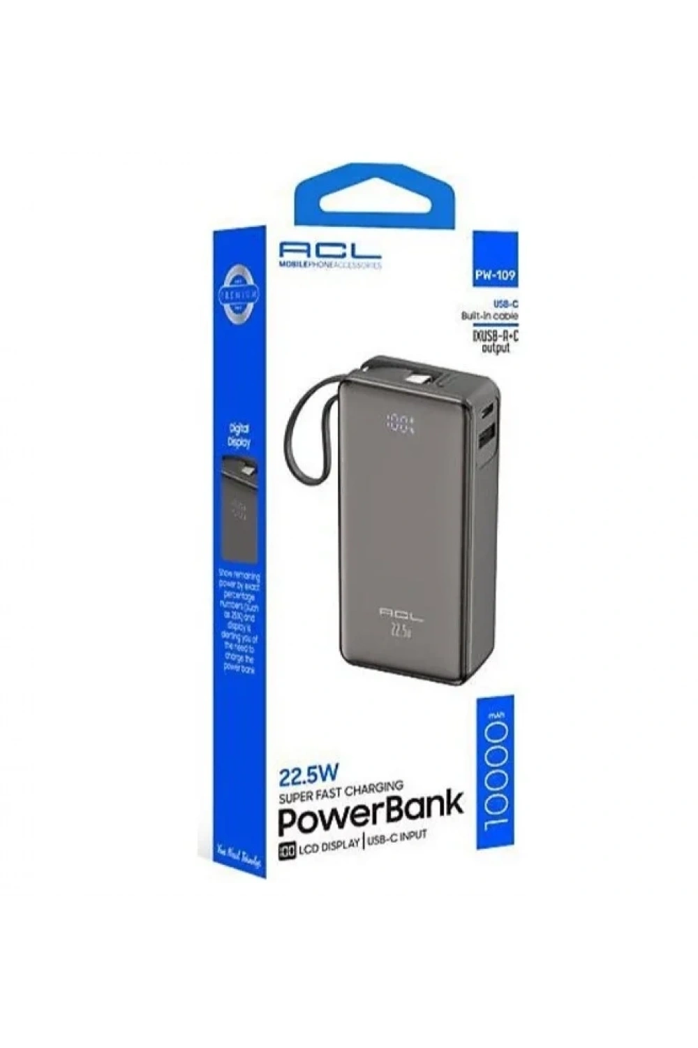 PW-109 22.5W Hızlı Şarjlı 10.000mAh Dahili USB-C Kablolu Powerbank