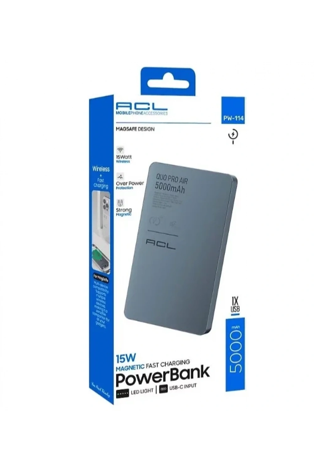 PW-114 15W Hızlı Şarjlı LED Göstergeli USB-C Girişli Powerbank 5000mAh