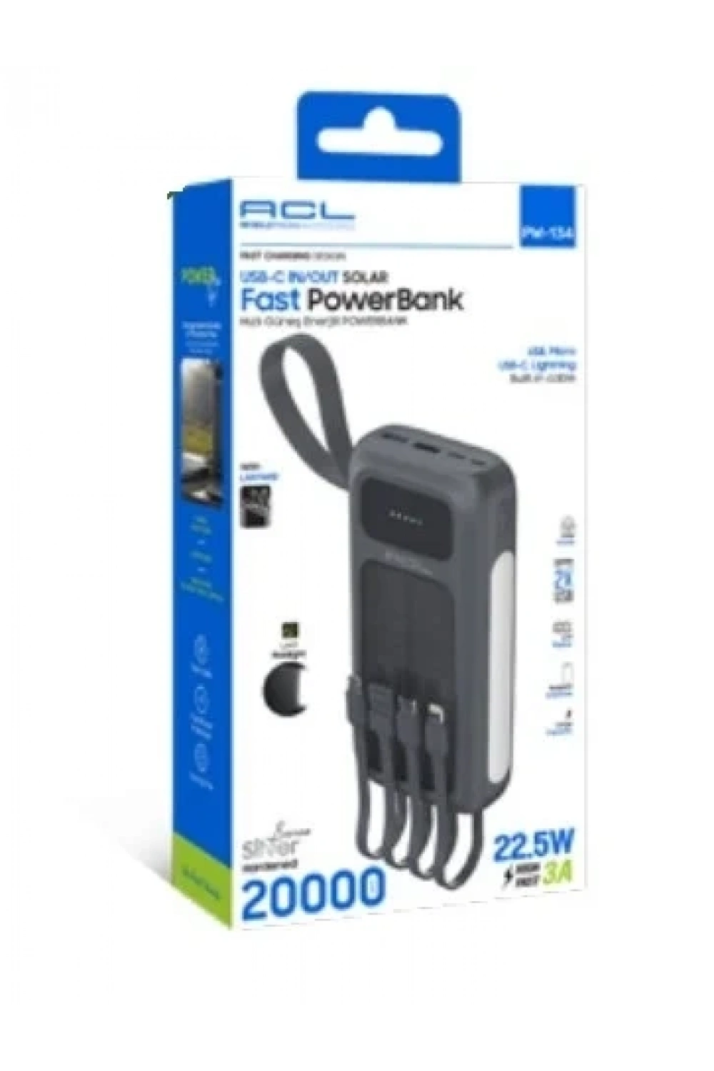 PW-134 Solar Panelli Dahili Kablolu 22.5W Hızlı Şarjlı Powerbank 20.000mAh