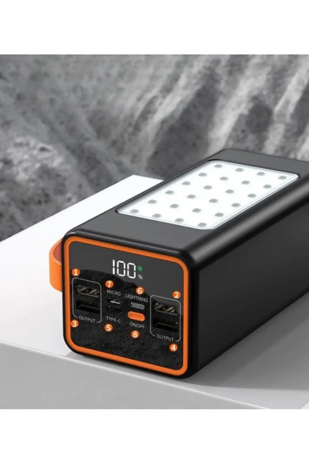 PW-55 4xUSB 22.5W LCD Göstergeli Kordonlu Kamp Işıklı 50.000mAh Powerbank