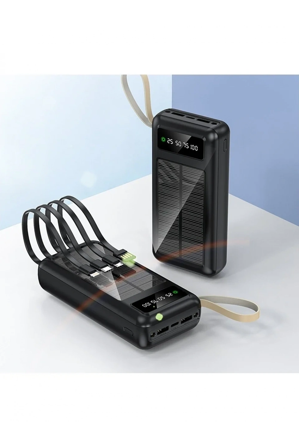 PW-61 Solar Panelli LCD Göstergeli Dahili Kablolu Powerbank 30.000mAh
