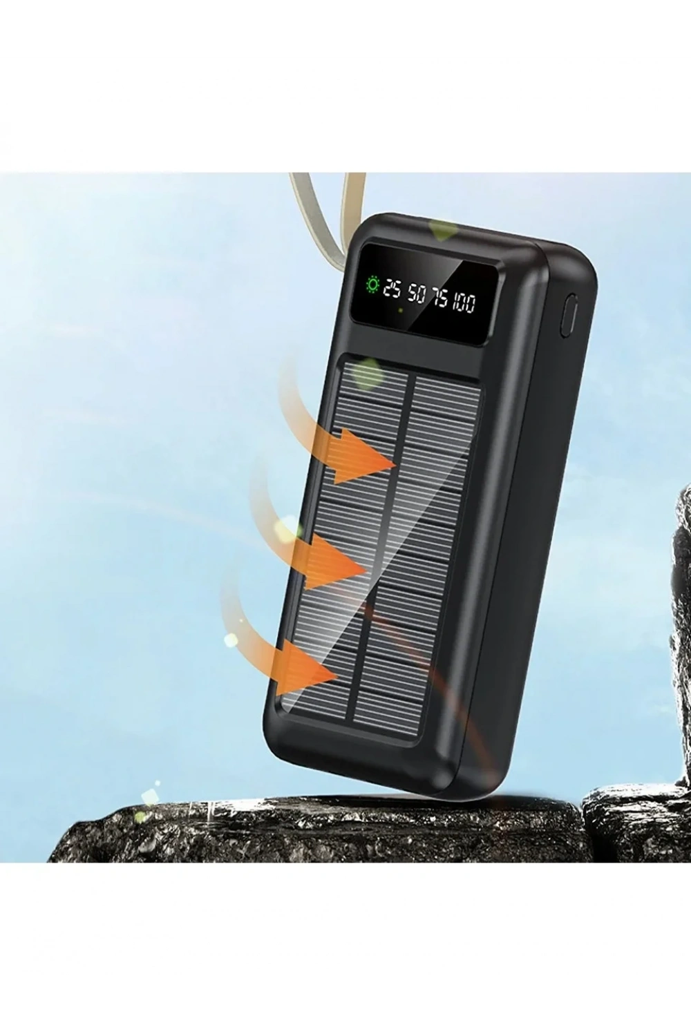 PW-61 Solar Panelli LCD Göstergeli Dahili Kablolu Powerbank 30.000mAh