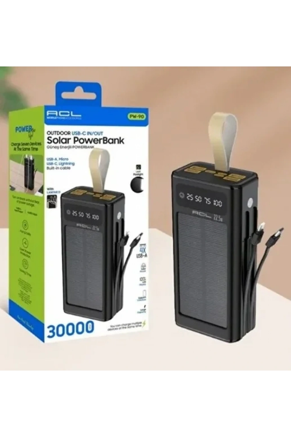 PW-90 LCD Ekran Dahili Mikro Type-C Lightning 4 x USB Powerbank