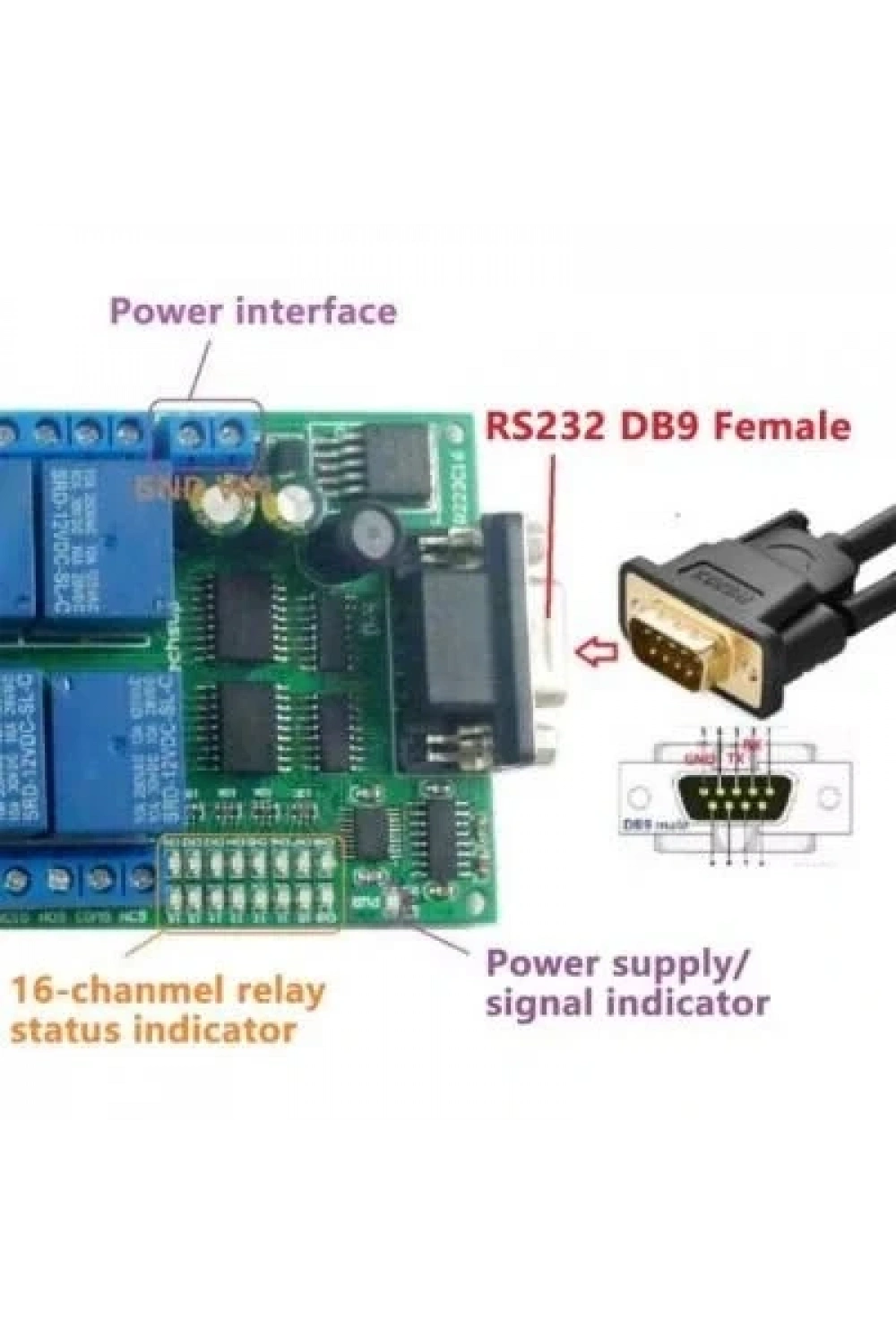 R223C16 12V 16 Kanal RS232 Röle Modülü