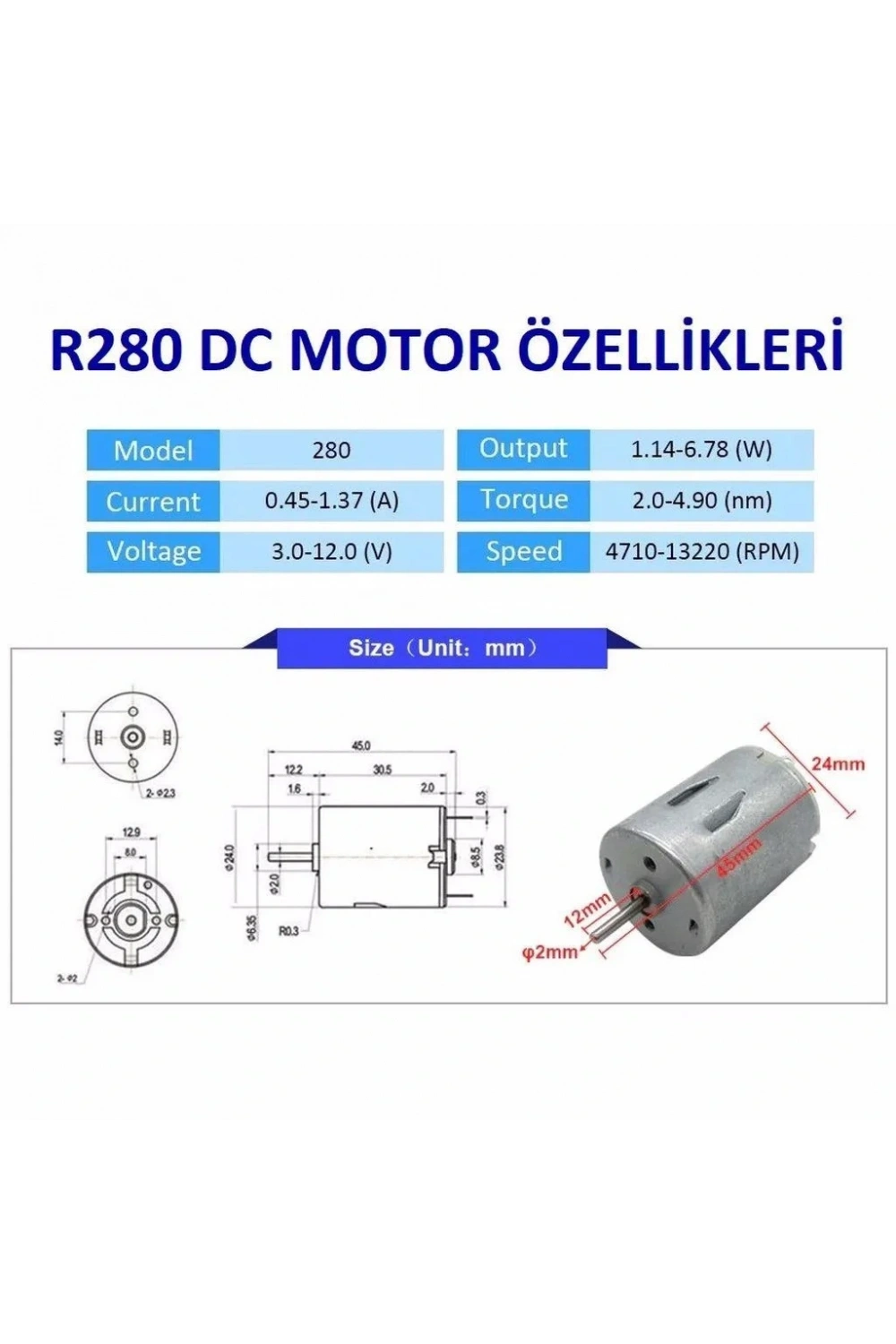 R280 3-12 V - 5000-15000 RPM DC Motor Deney Motoru 1 Adet