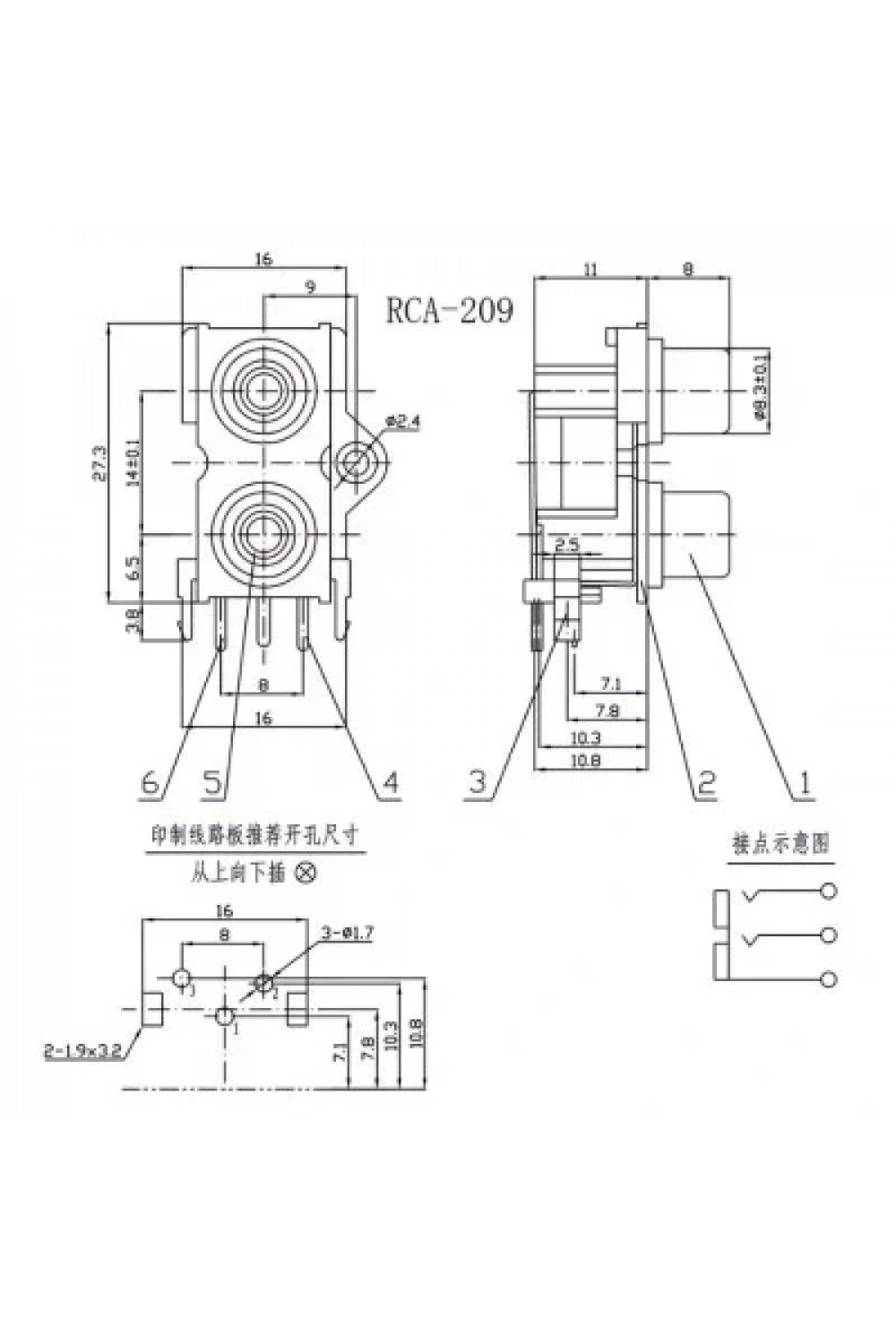 RCA-209 3.5mm Stereo RCA Jack Dişi - PCB Tip
