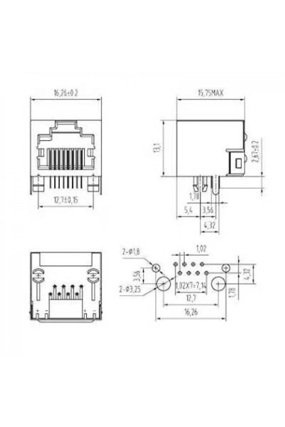 RJ45 Dişi Ethernet Konnektörü - PCB Tipi 16x16x13mm