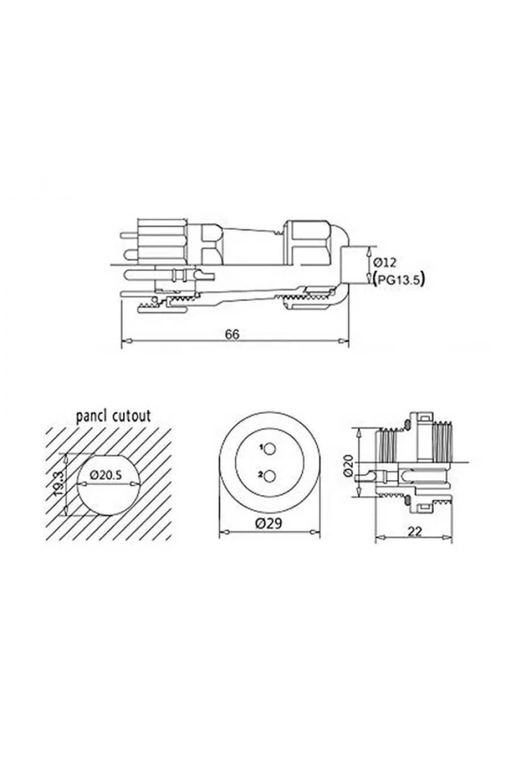 SD20 5 Pin 20mm Su Geçirmez Konnektör Takımı - Panel Tipi