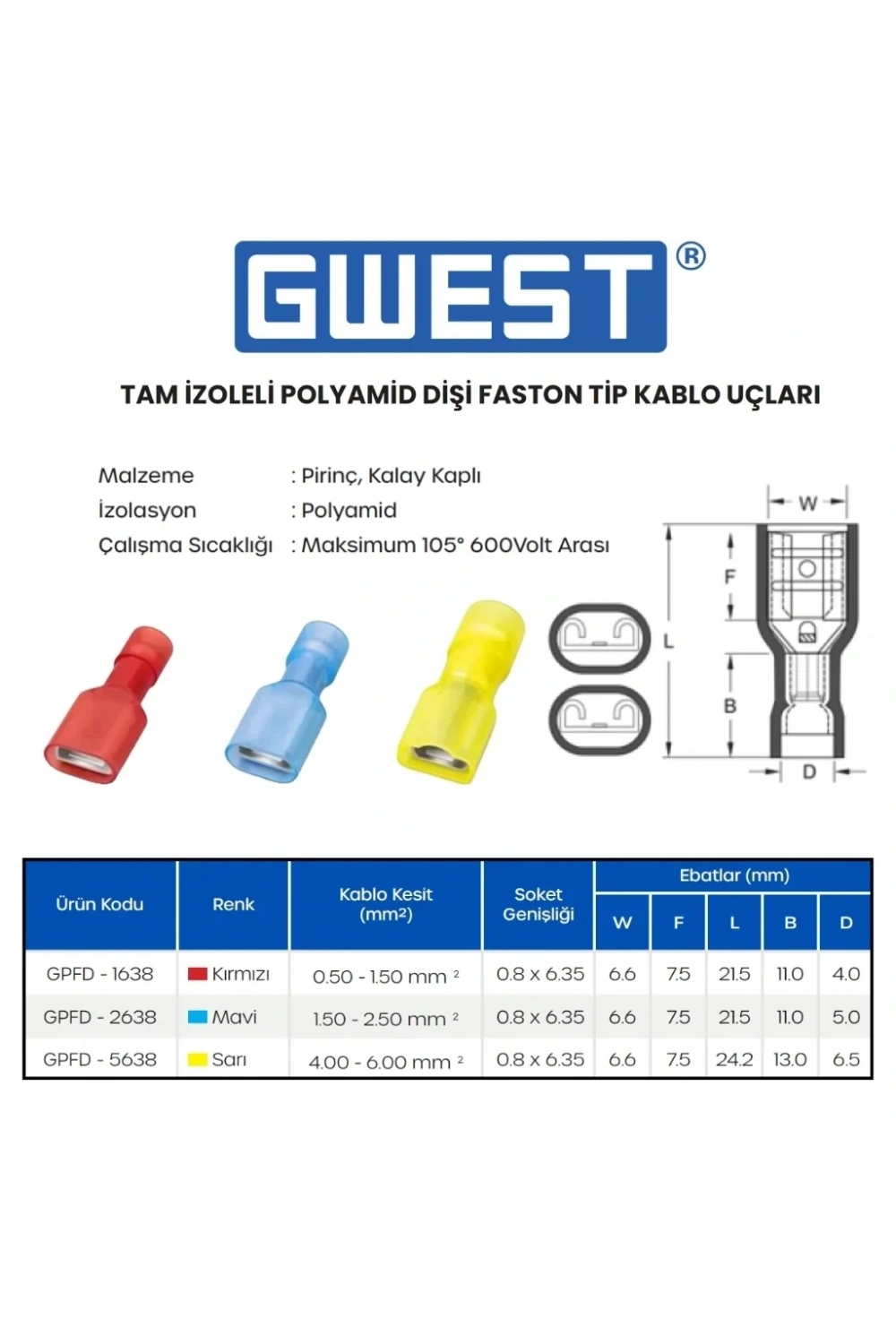 Tam İzoleli Polyamid Dişi Faston Kablo Ucu GPFD-1638 0.5-1.5mm Kırmızı 200 adet
