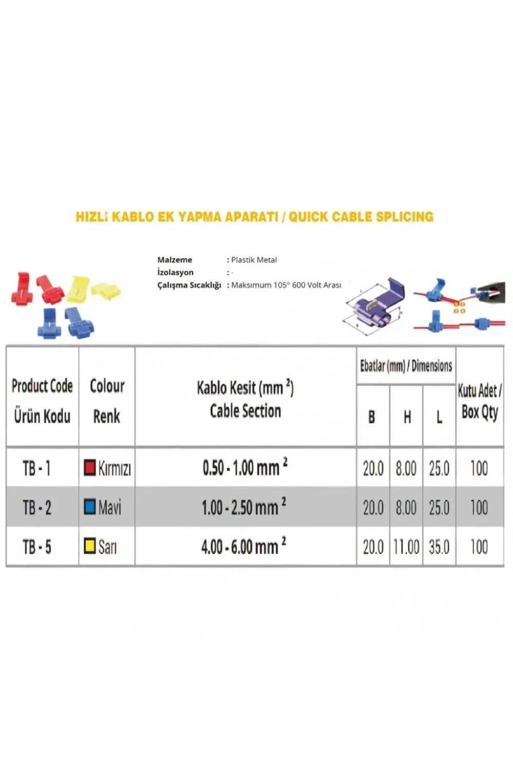 TB-2 1.5-2.5mm2 Hızlı Kablo Ek Yapma Aparatı Mavi 100 Adet
