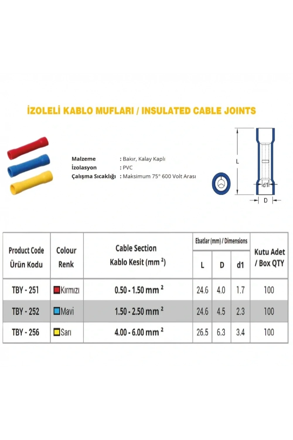 TBY-252 1.5-2.5mm2 İzoleli Kablo Ucu Birleştirici Ek Mufları Mavi 100 Adet