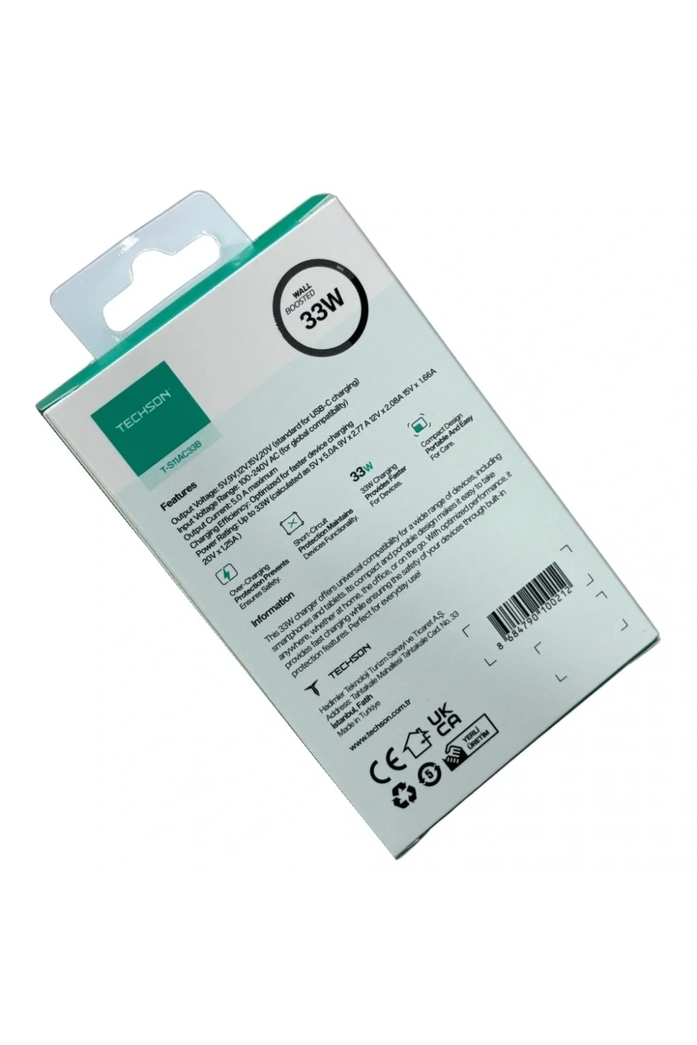 TECHSON 33W Type-C + USB Hızlı Şarj Adaptörü Şarj Başlığı Beyaz S11AC33B