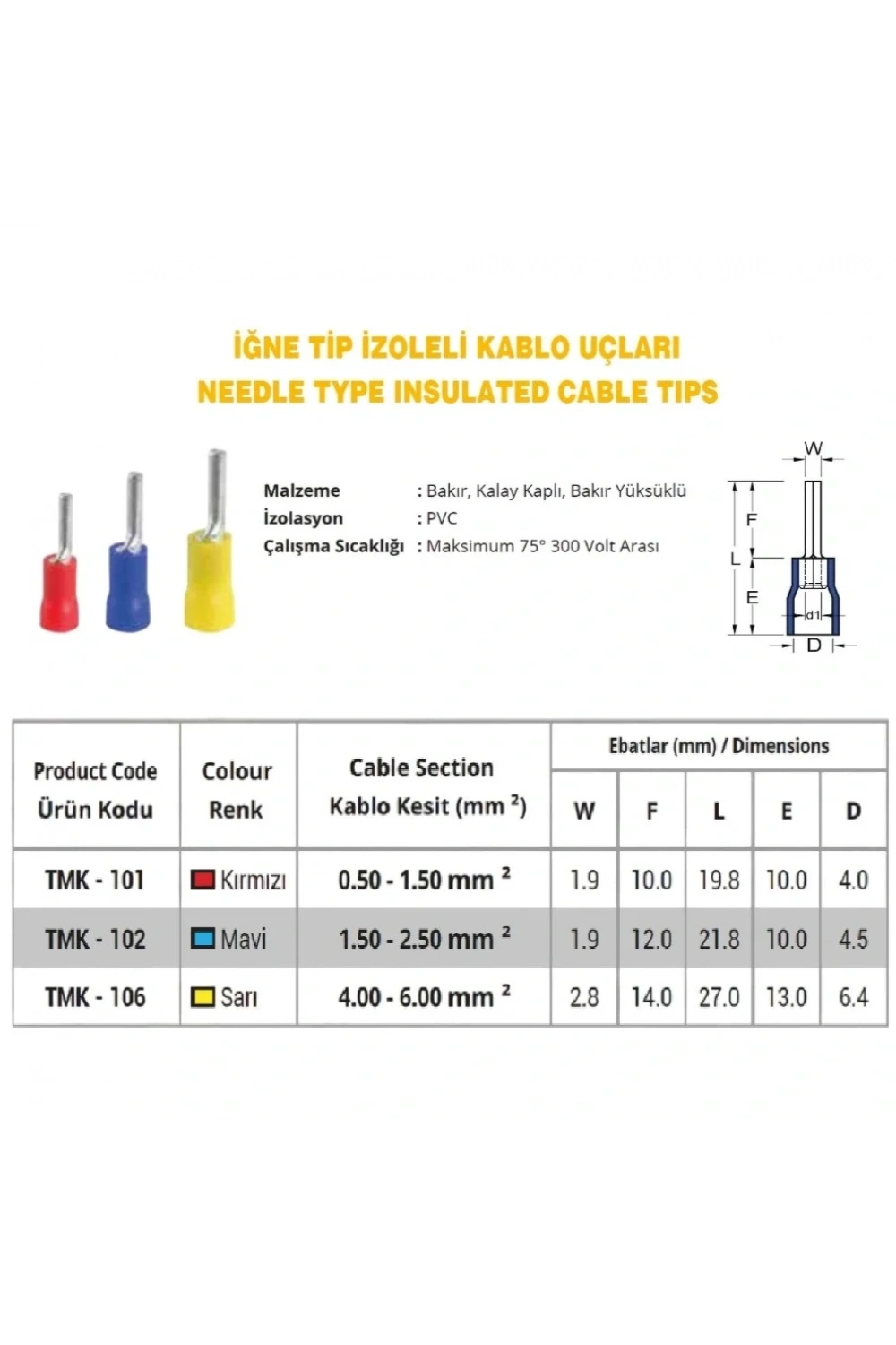 TMK-102 1.5-2.5mm2 İğne Tip İzoleli Kablo Ucu Mavi 200 Adet