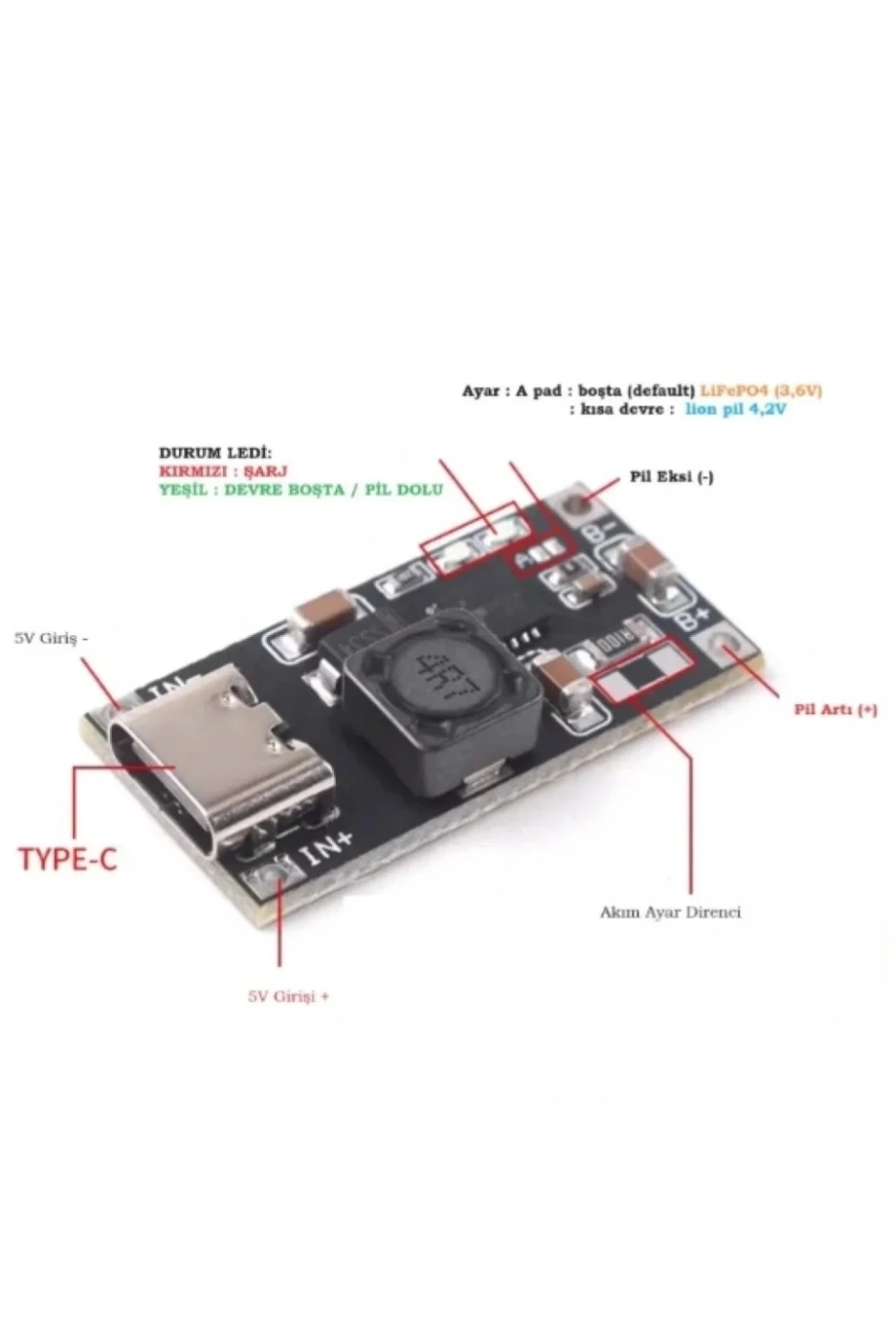 TP5000 LiFePO4 ve Li-ion Pil Şarj Devresi Type-C Girişli Modül 1A